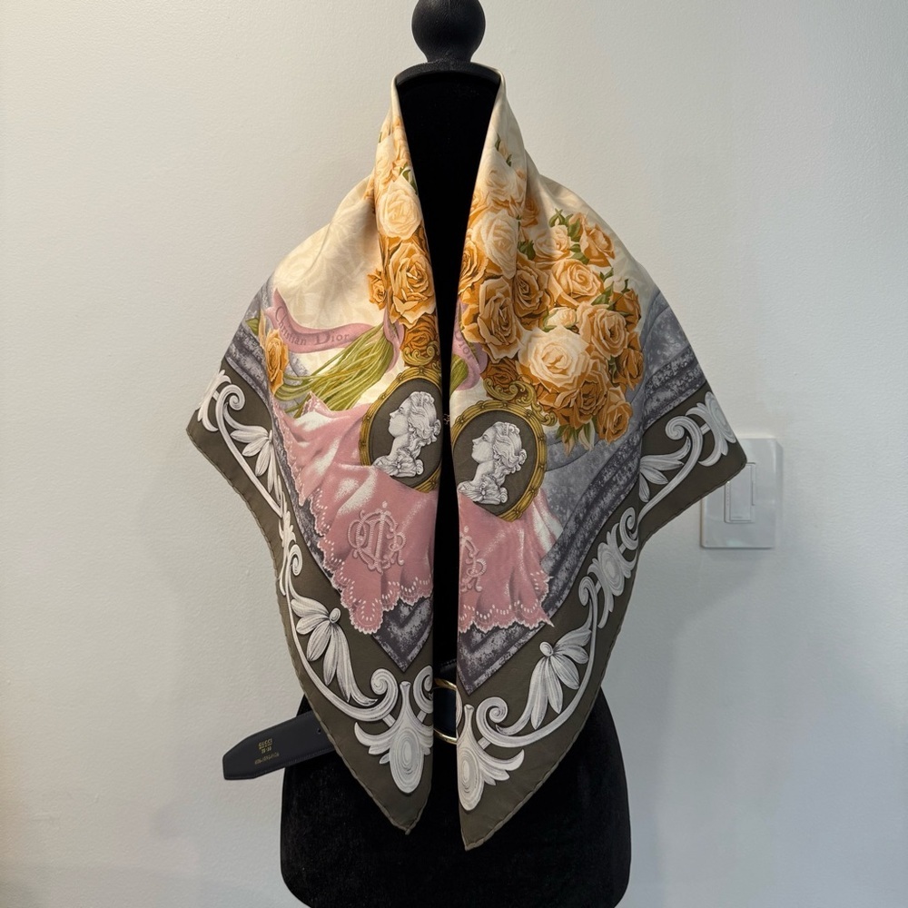 Authentic Christian Dior Silk Scarf with Orange and Gray Accents - Picture 5 of 10